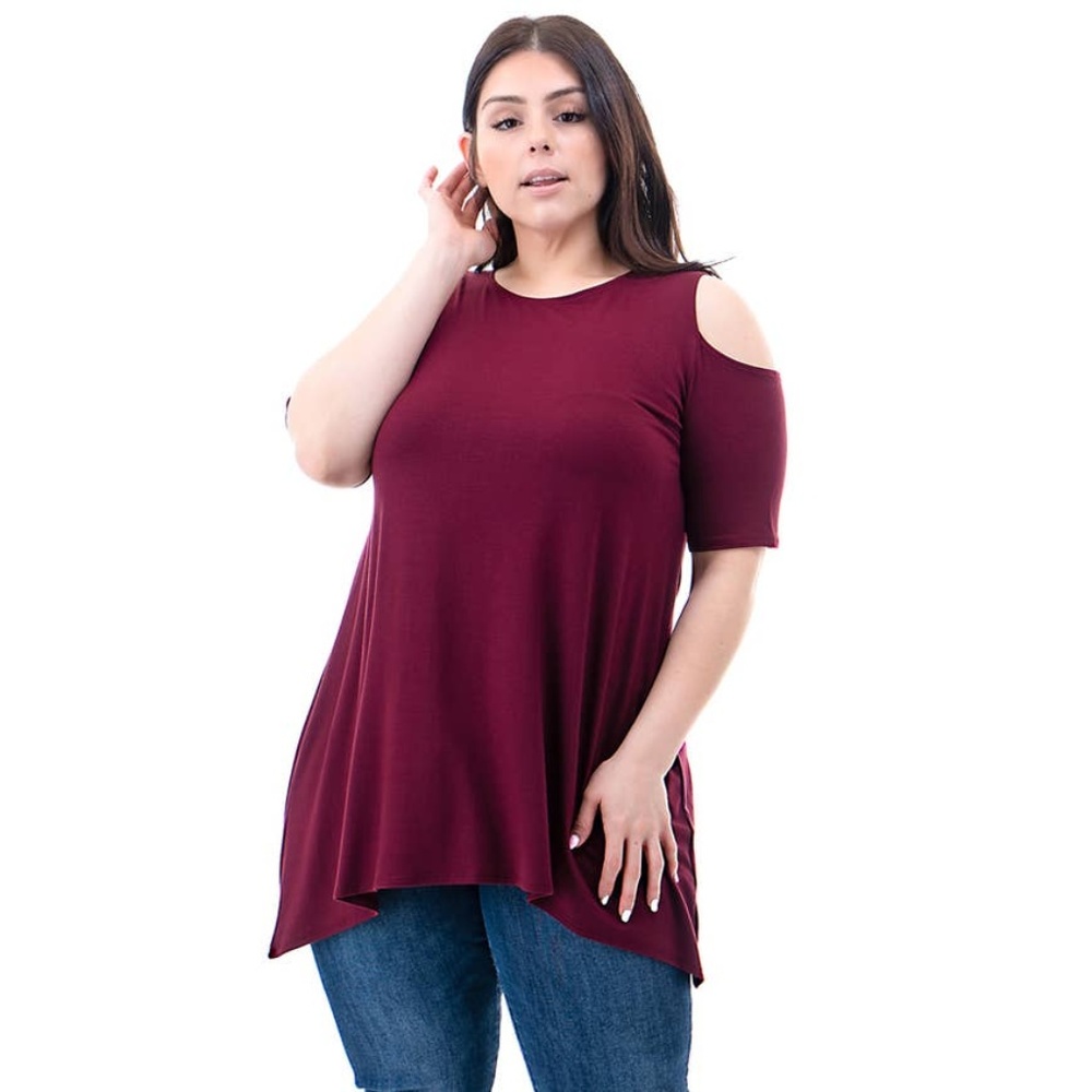 Plus Size Cold Shoulder Tunic in Wine Rose